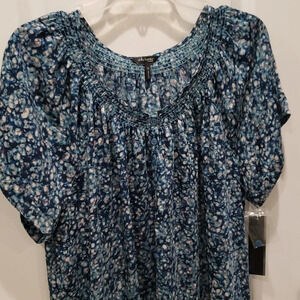 Long Blouse Tunic Womens Plus 1X or 2X Blue Print